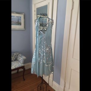 Cocktail dress SM, light blue with silver sequin accents, long ties, sleeveless